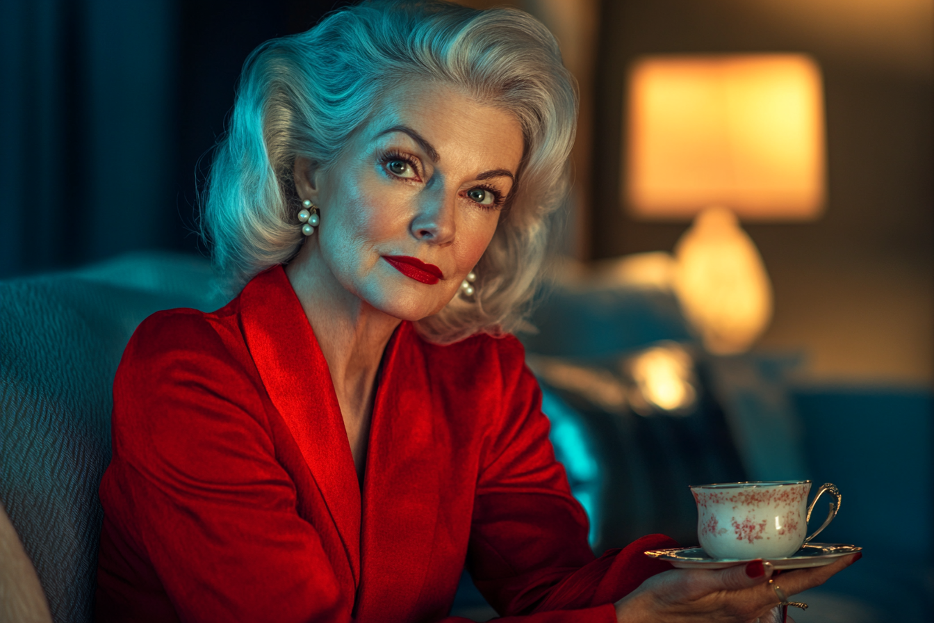 Elegant woman in her 60s sitting on a couch drinking tea looking relaxed but pensive | Source: Midjourney