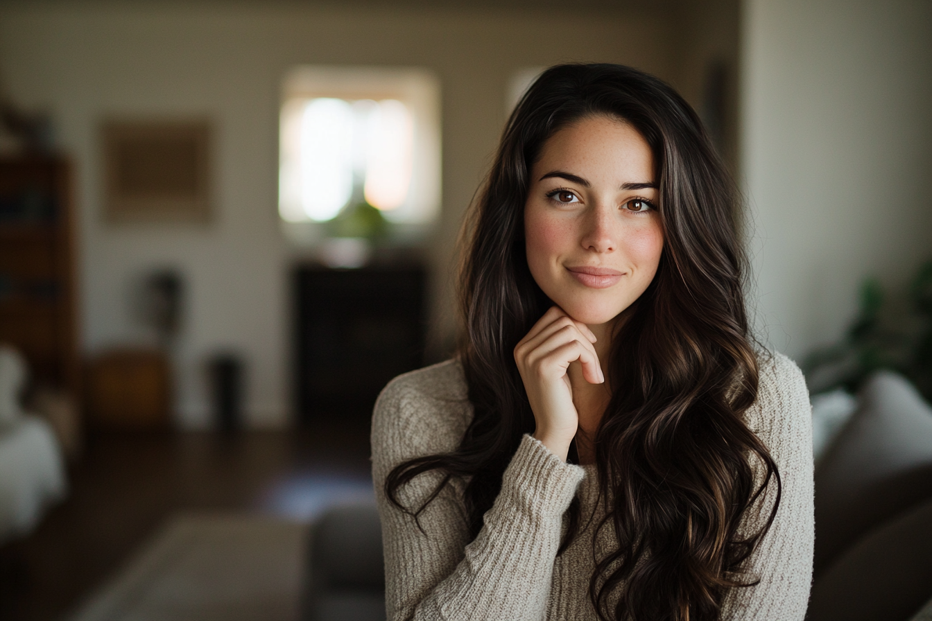 Woman in her 30s touching her chin and smirking in a living room | Source: Midjourney