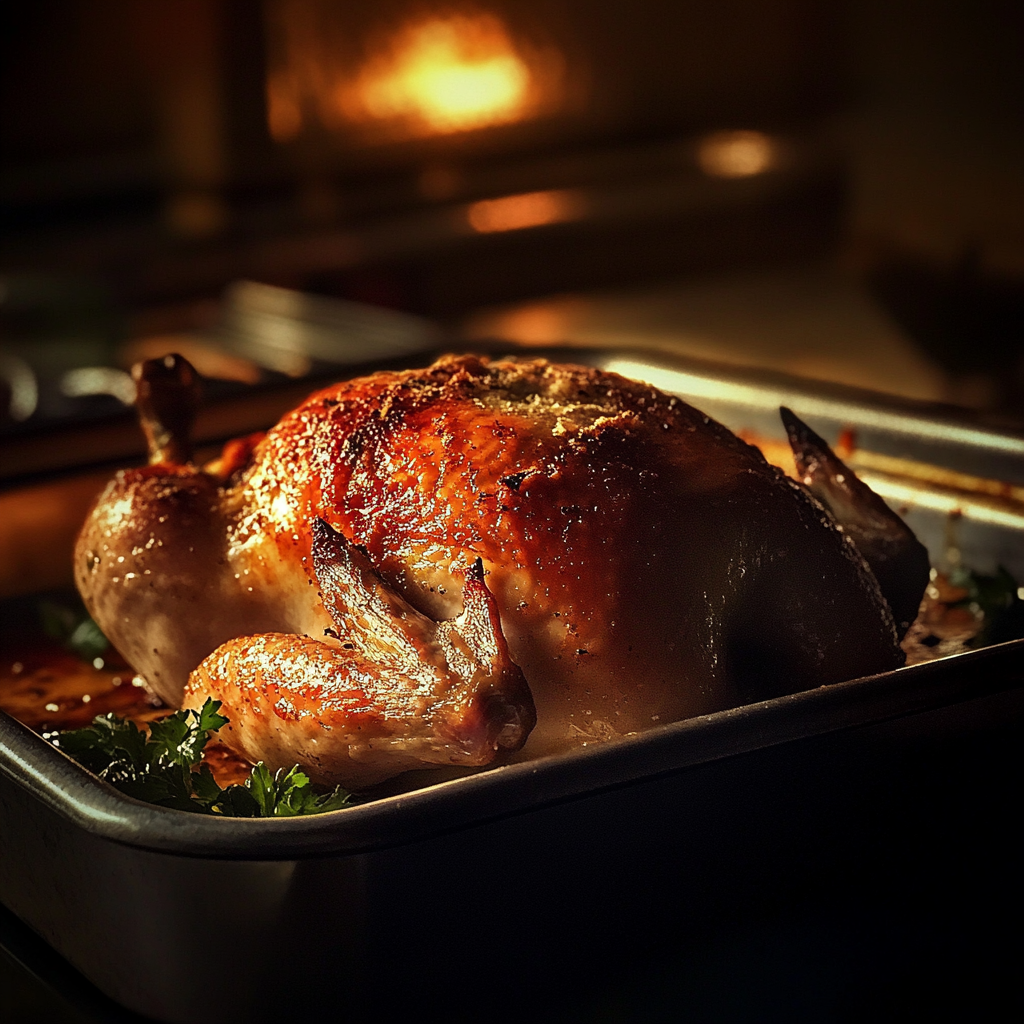 A roast chicken on a tray | Source: Midjourney