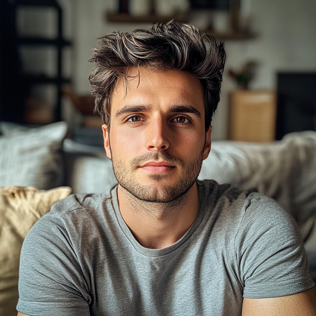 A young man sitting on a couch | Source: Midjourney