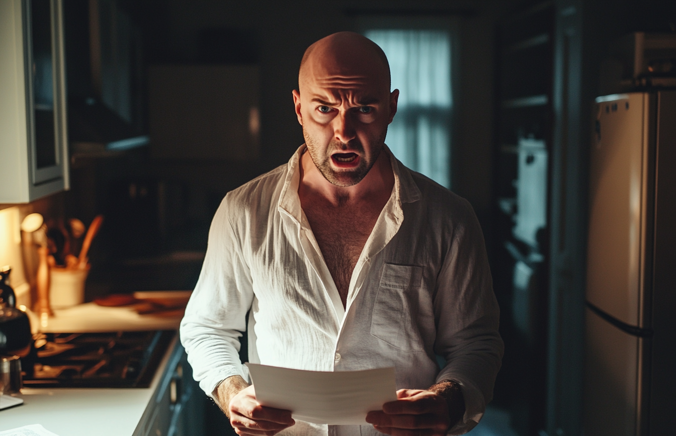 An enraged man holding a document in a kitchen | Source: Midjourney