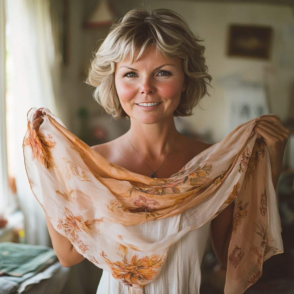 A woman holding a scarf | Source: Midjourney