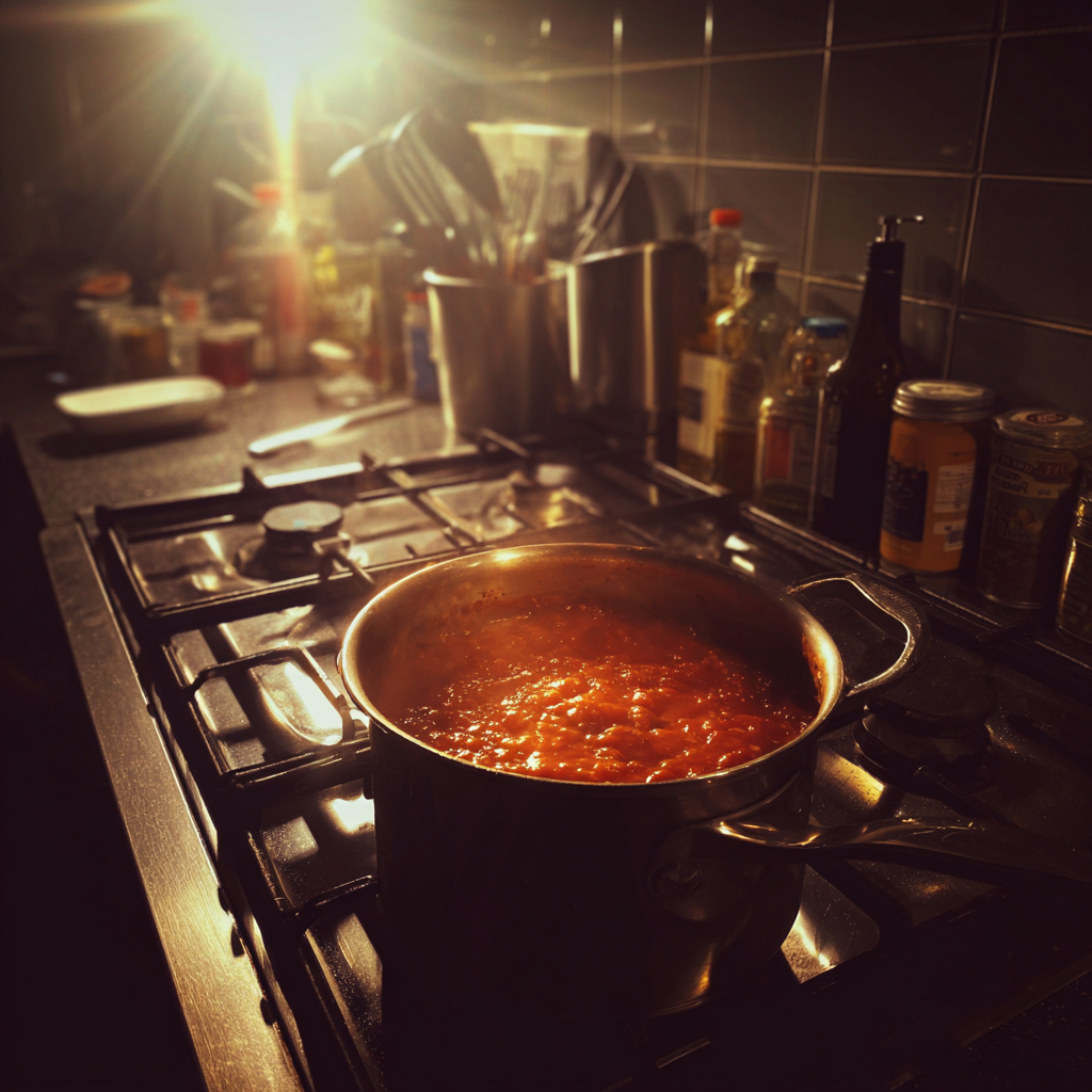 A pot of pasta sauce on a stove | Source: Midjourney