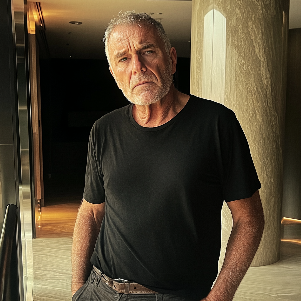 An older man standing in a hotel lobby | Source: Midjourney