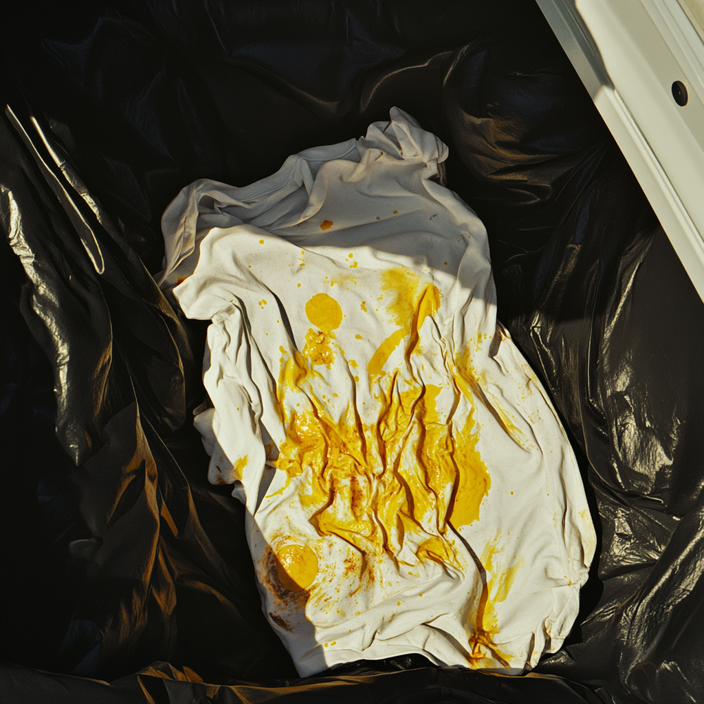 A white t-shirt bearing egg stains | Source: Midjourney