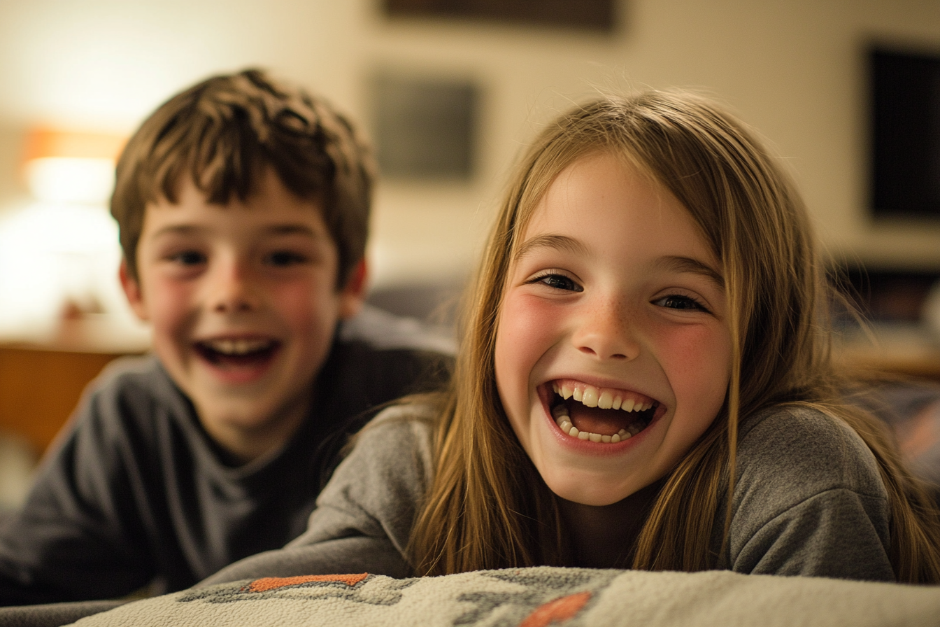 Happy siblings on a sofa | Source: Midjourney