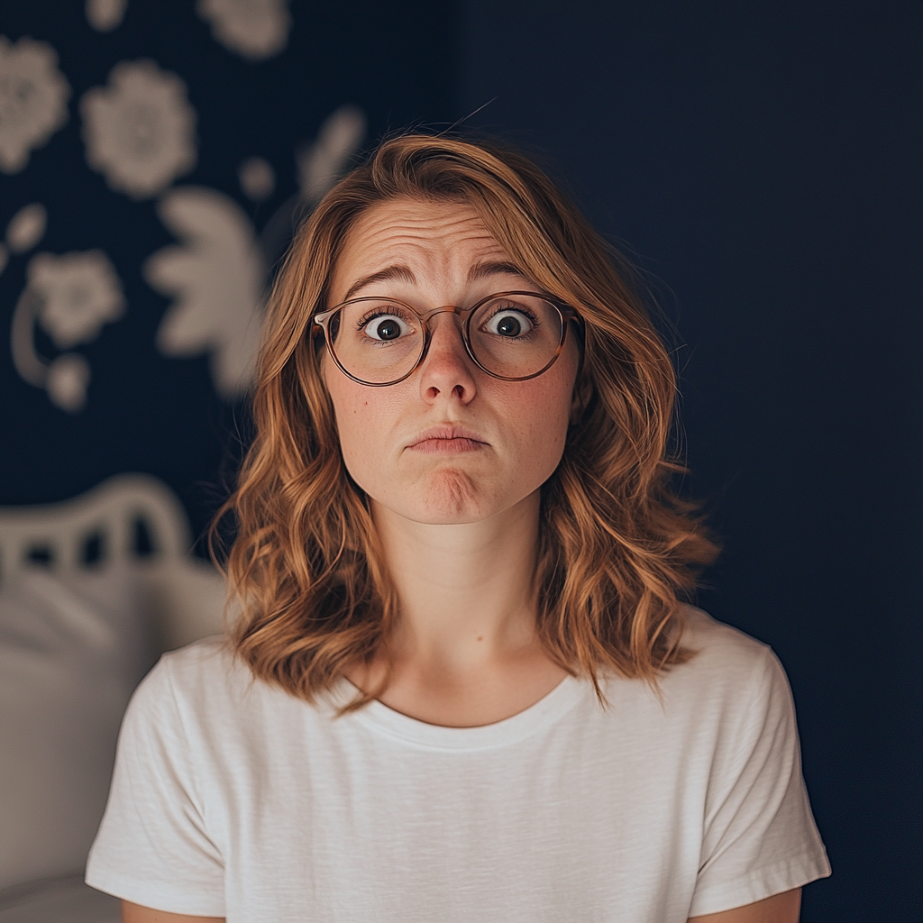 An alarmed woman standing in a bedroom | Source: Midjourney