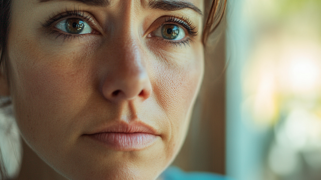 A sad and determined woman's face | Source: Midjourney