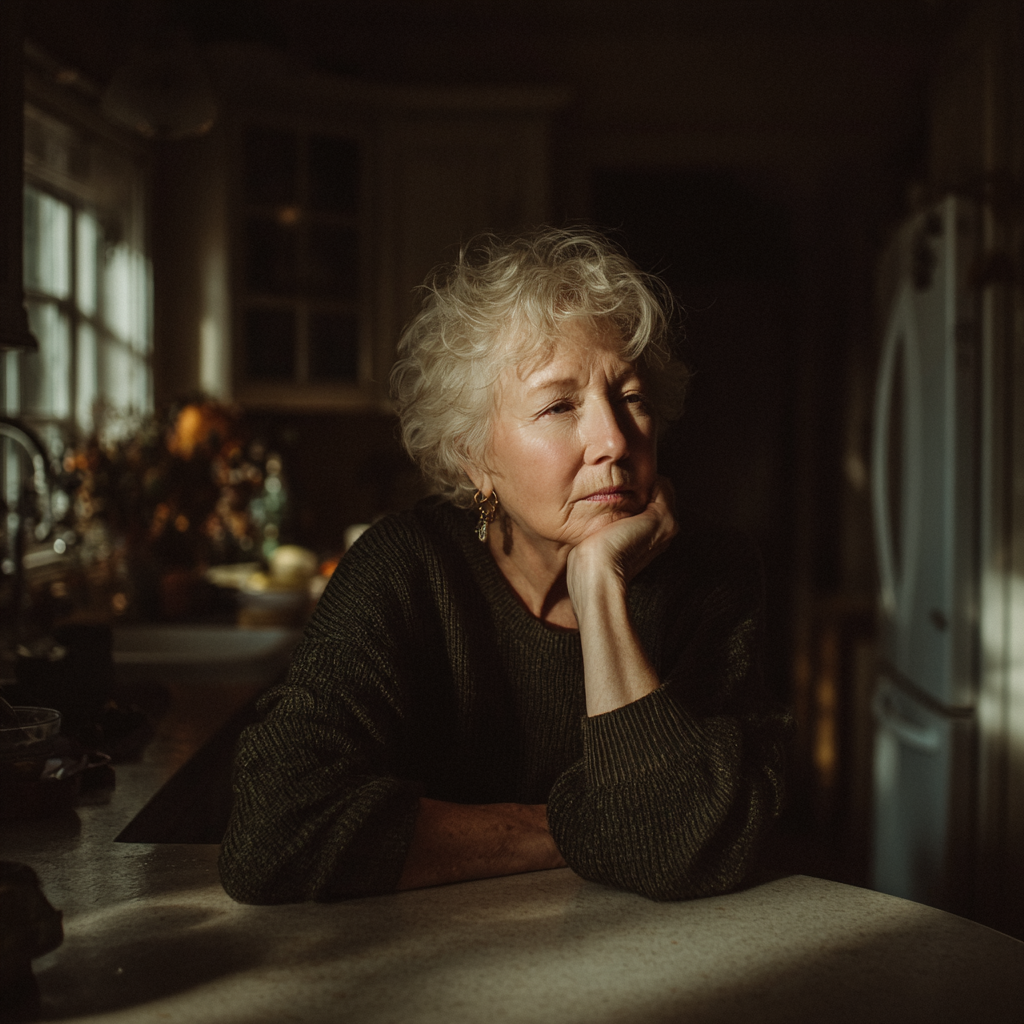 An old woman leaning against a kitchen counter | Source: Midjourney