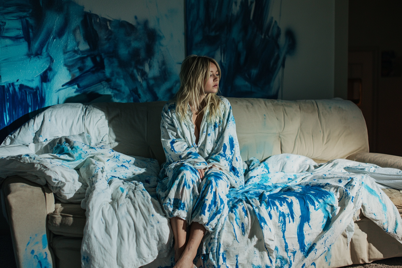 A woman in pajamas with a duvet covered in blue paint | Source: Midjourney