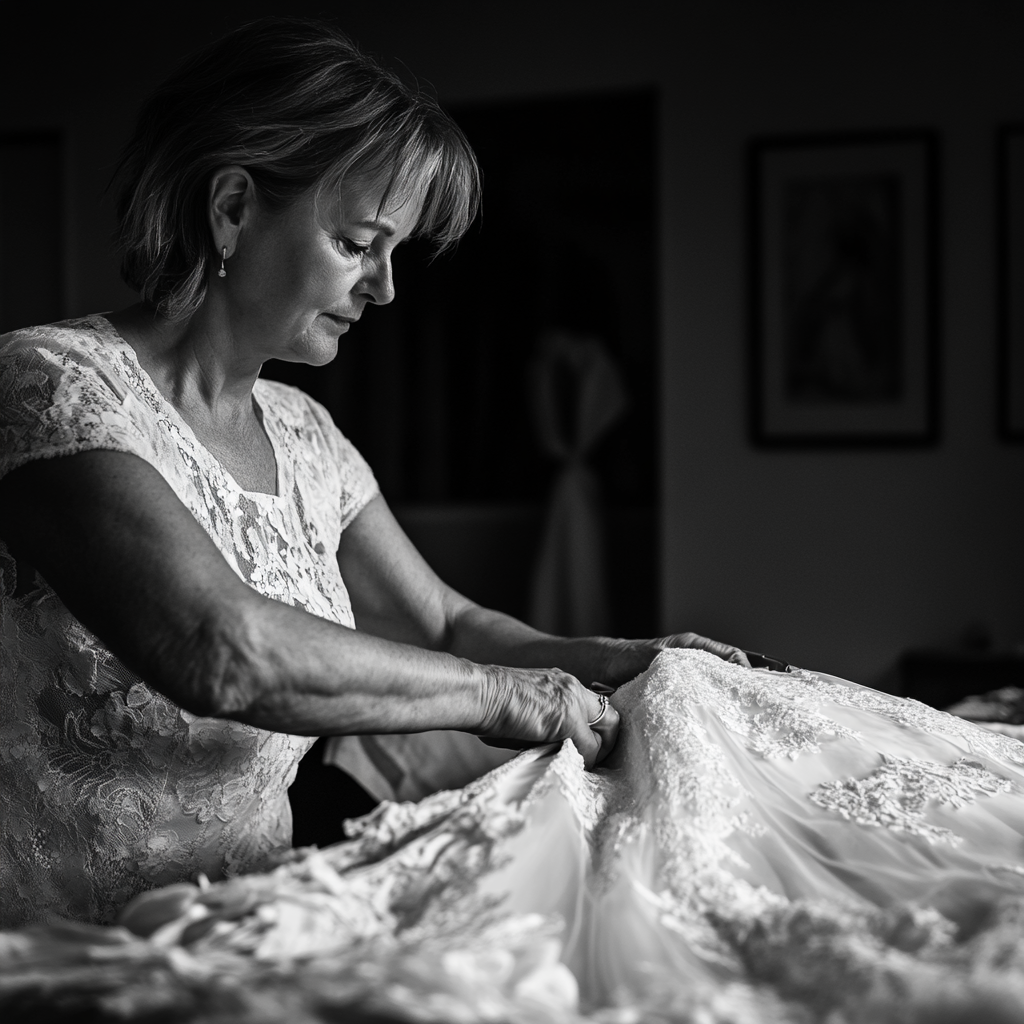 A middle-aged woman cutting a wedding dress | Source: Midjourney