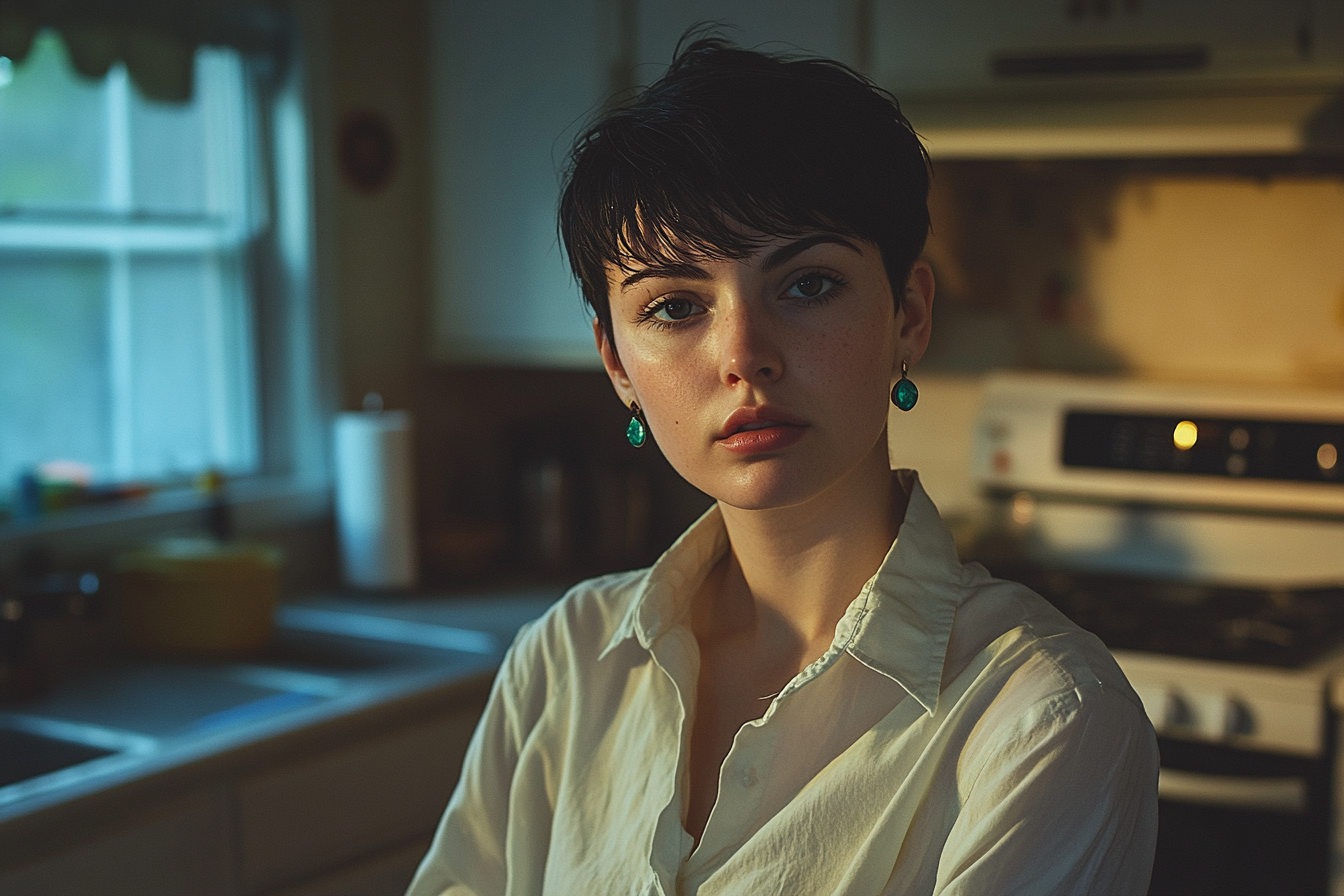 Woman in her 20s looking annoyed in a kitchen | Source: Midjourney