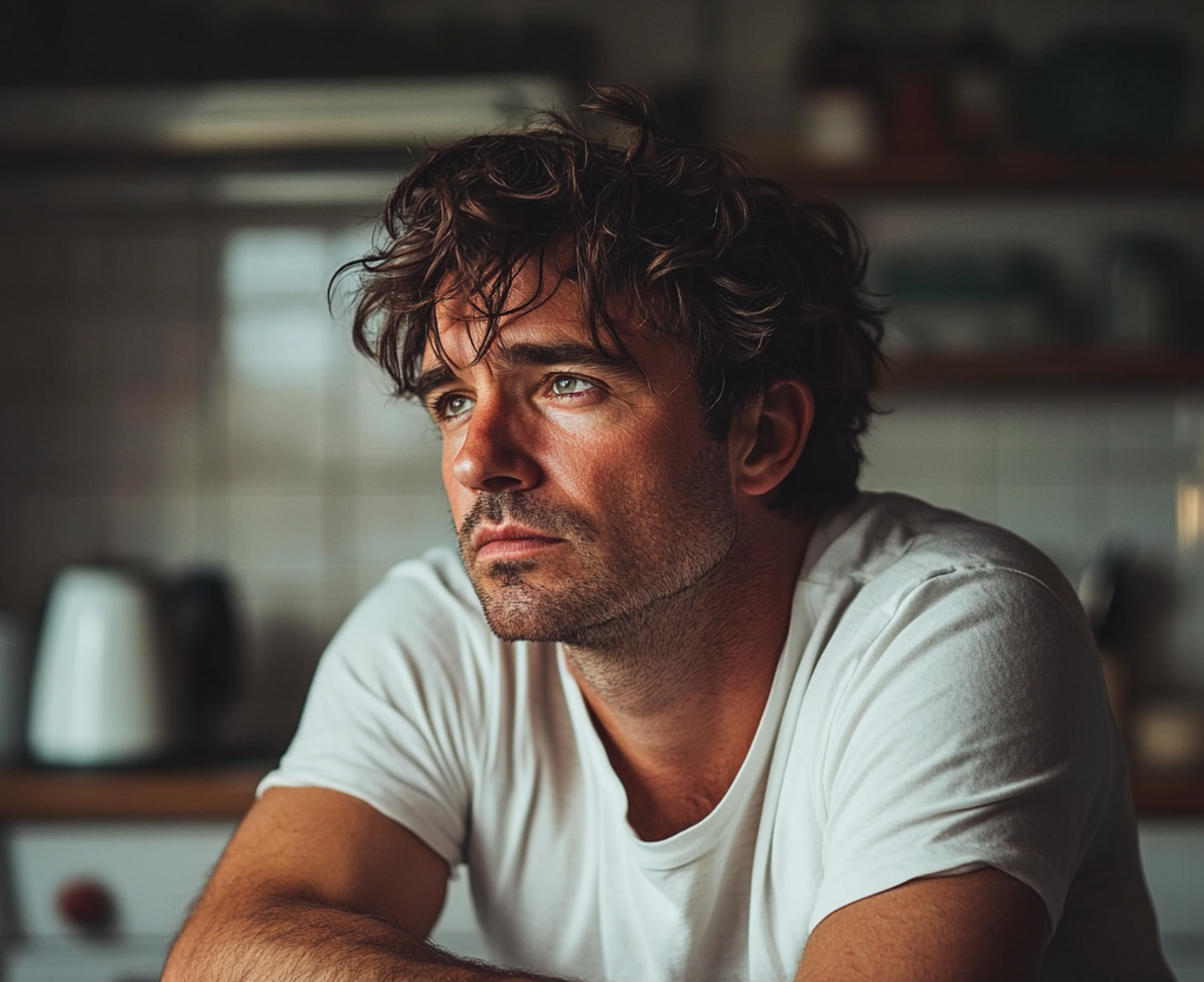 A man sitting at a kitchen counter | Source: Midjourney