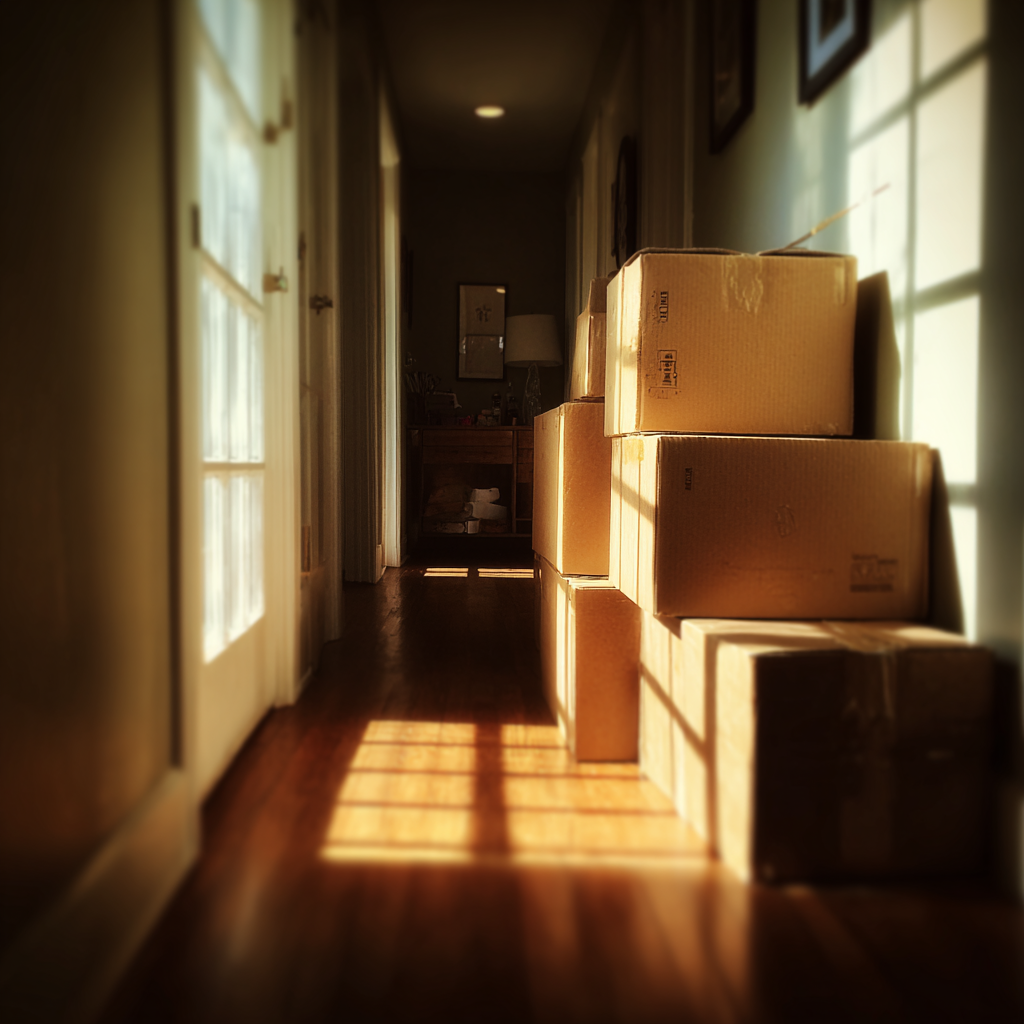 Stacked cardboard boxes in a hallway | Source: Midjourney