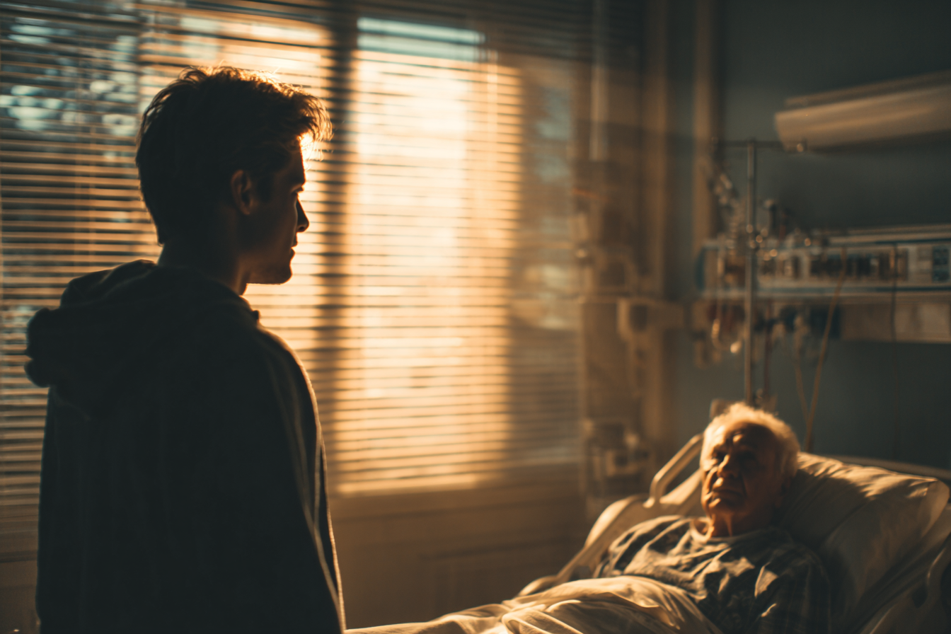 A man visiting his grandfather in the hospital | Source: Midjourney