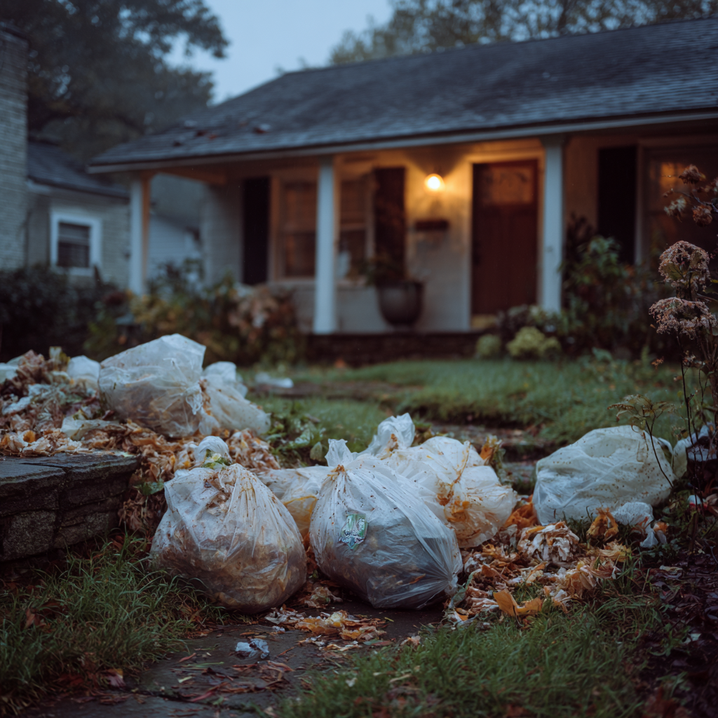 A front yard of a house covered with garbage bags | Source: Midjourney