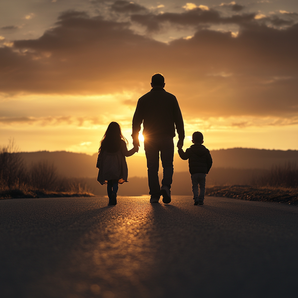 Silhouette d'un homme avec ses deux enfants | Source : Midjourney