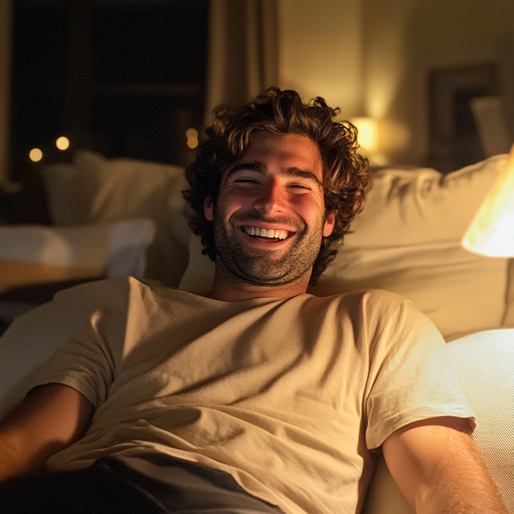 A man sitting on a couch and laughing | Source: Midjourney