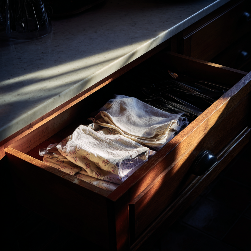 A photo showing folded aprons lying in a kitchen drawer | Source: Midjourney