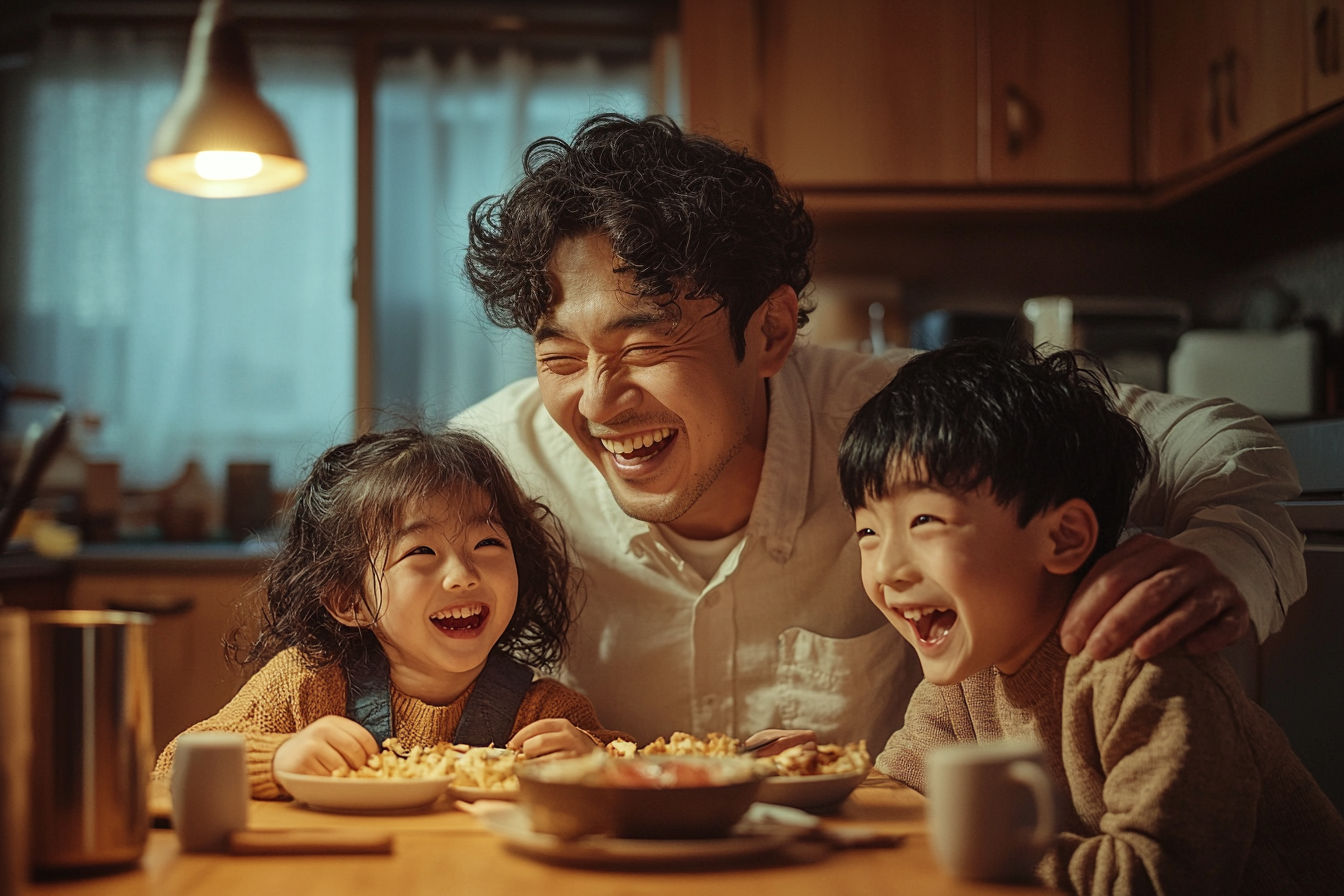 A man with twin children laughing and smiling while eating dinner at the kitchen table | Source: Midjourney