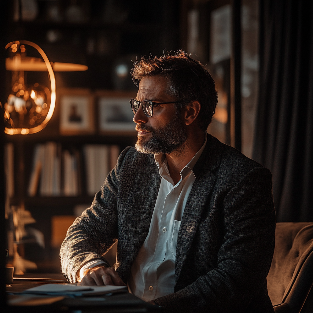 Man seated in his office at night | Source: Midjourney