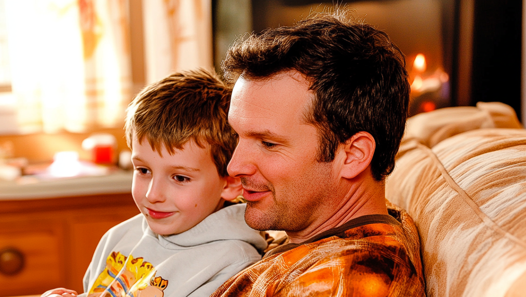 A man and a boy sitting on a sofa together | Source: Midjourney