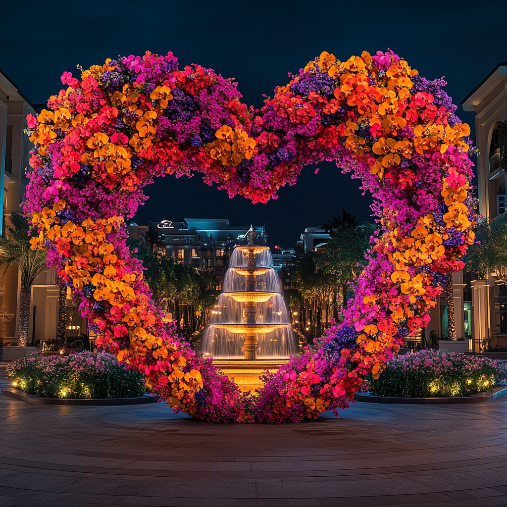 Stunning view of a floral arch before a fountain | Source: Midjourney