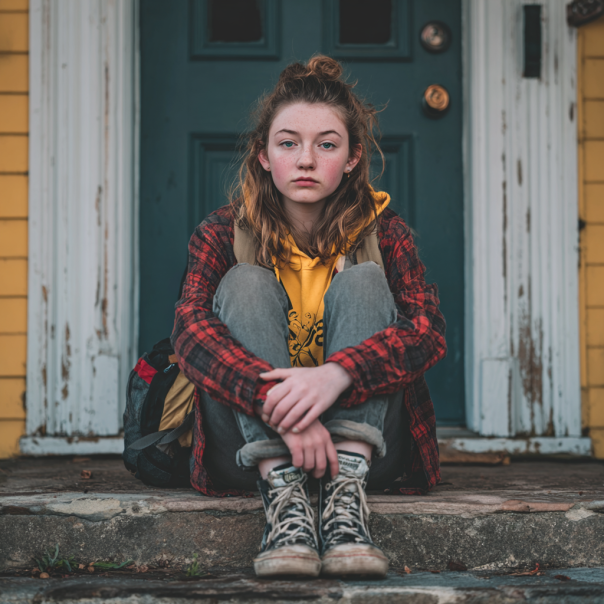 A sad girl seated on a doorstep | Source: Midjourney