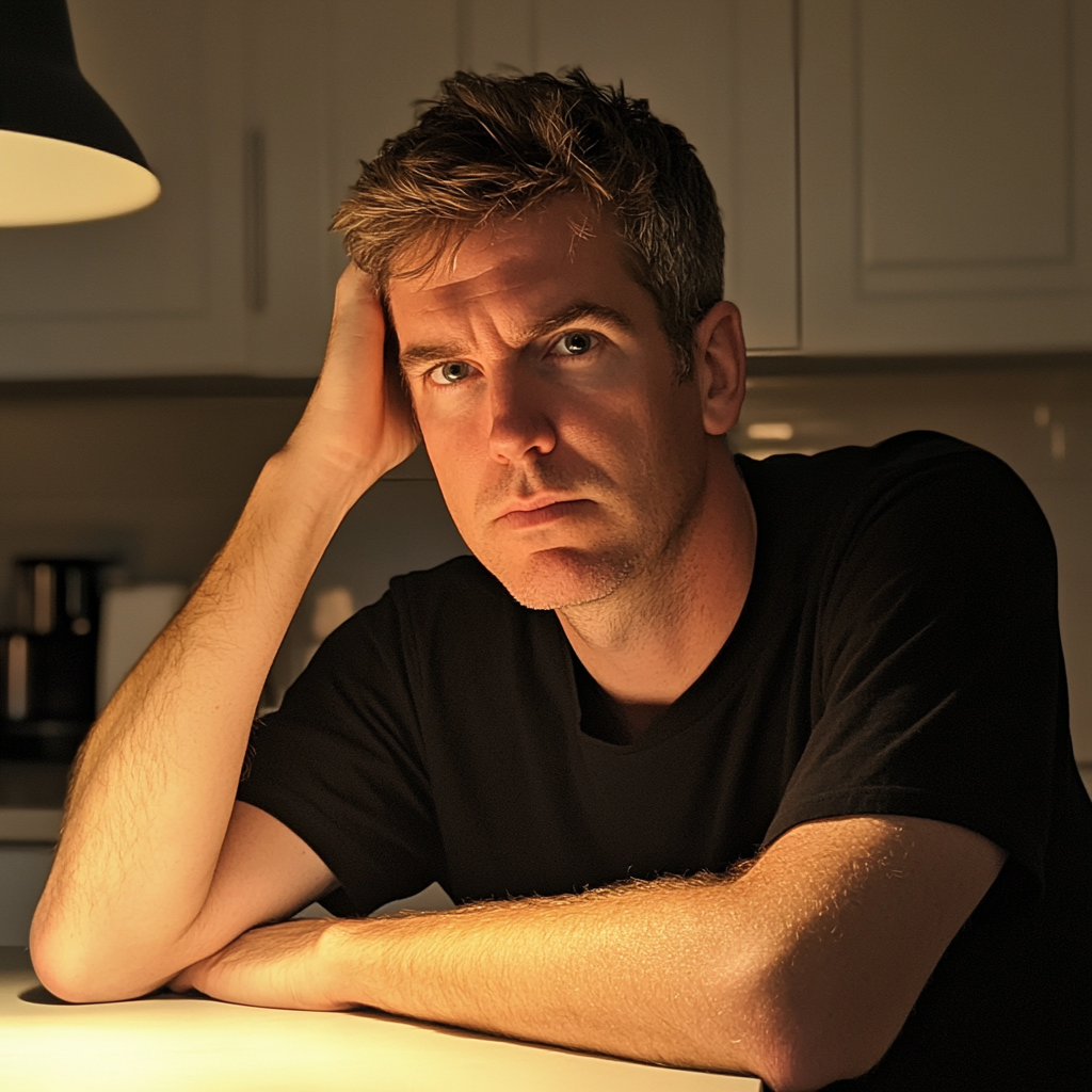 A man sitting at a kitchen counter | Source: Midjourney