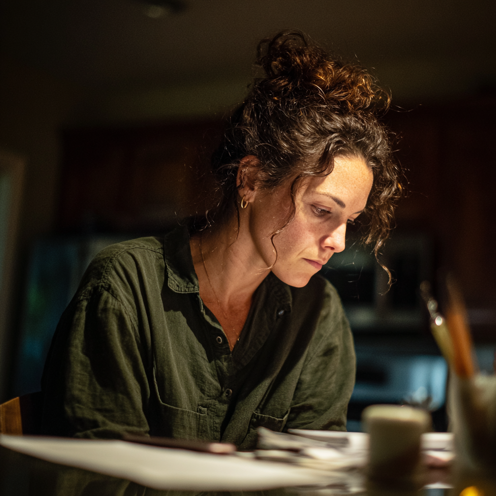 A woman looking down at a table | Source: Midjourney