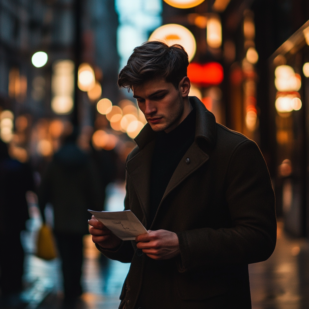 A man looking at a letter on a street | Source: Midjourney