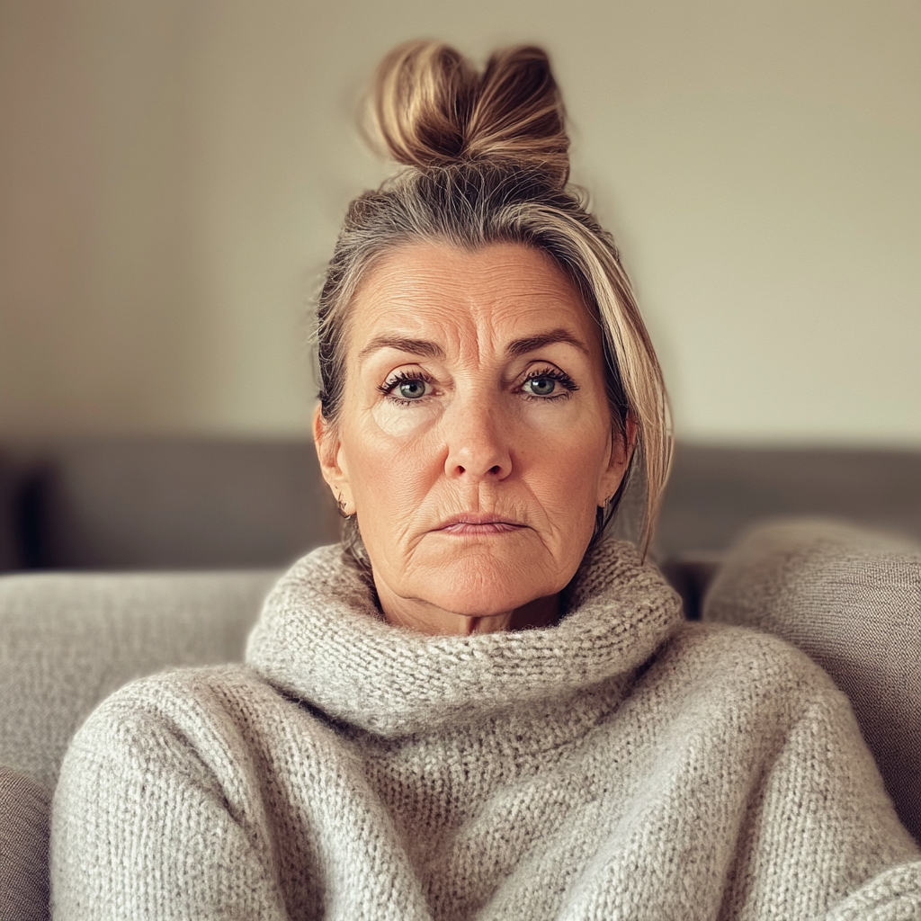 An older woman sitting on a couch | Source: Midjourney