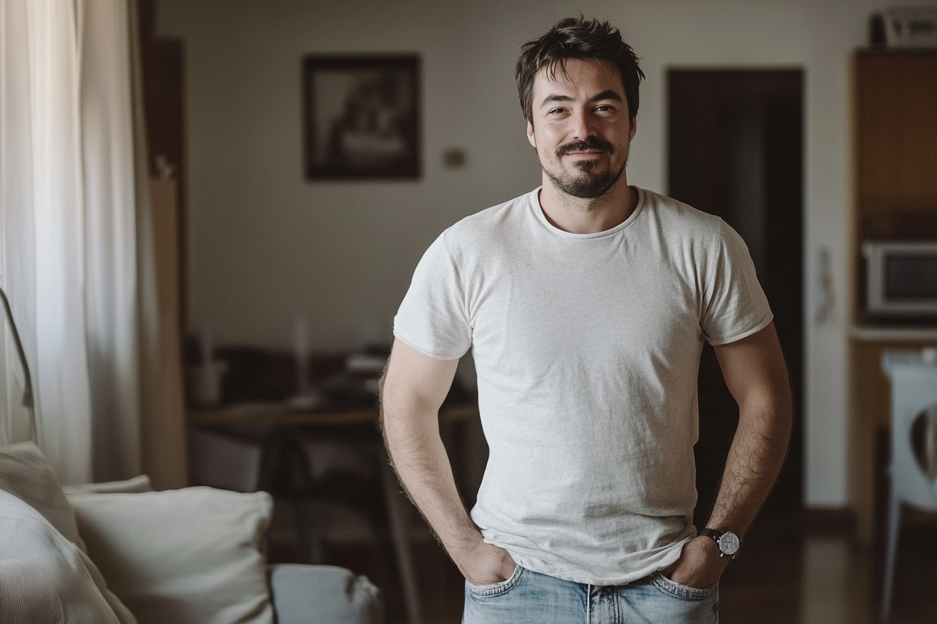 A smiling man in a living room | Source: Midjourney