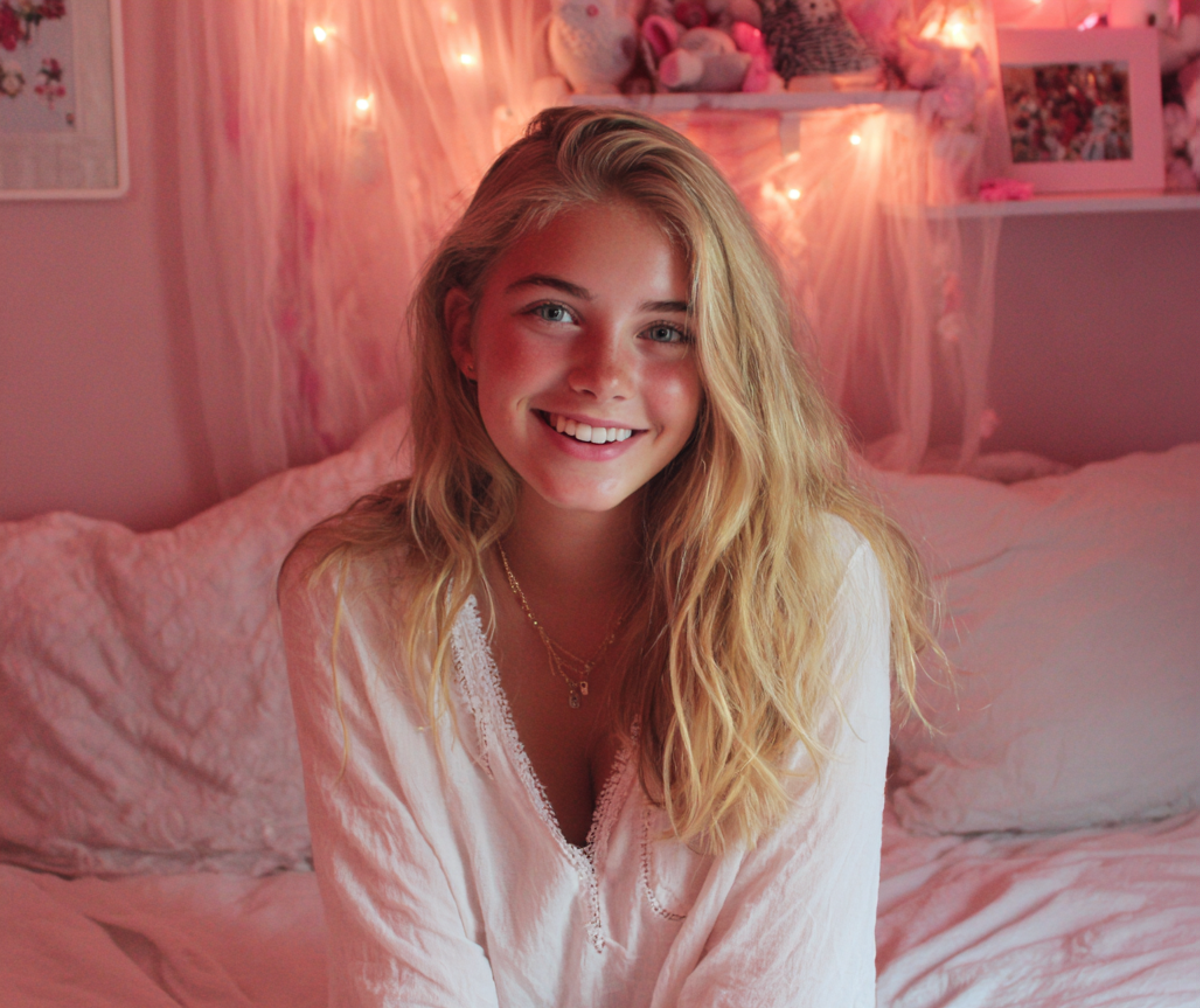 A smiling girl sitting on her bed | Source: Midjourney