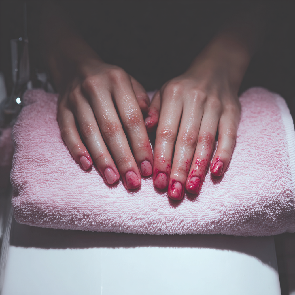 A woman with blood stained hands at a nail salon | Source: Midjourney