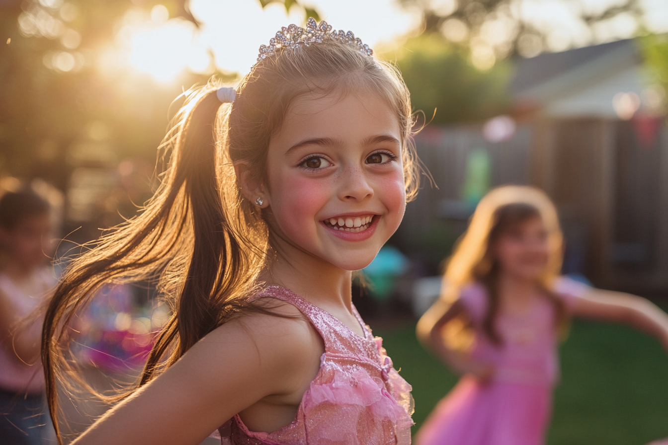 Happy girl with other kids at a backyard birthday party | Source: Midjourney