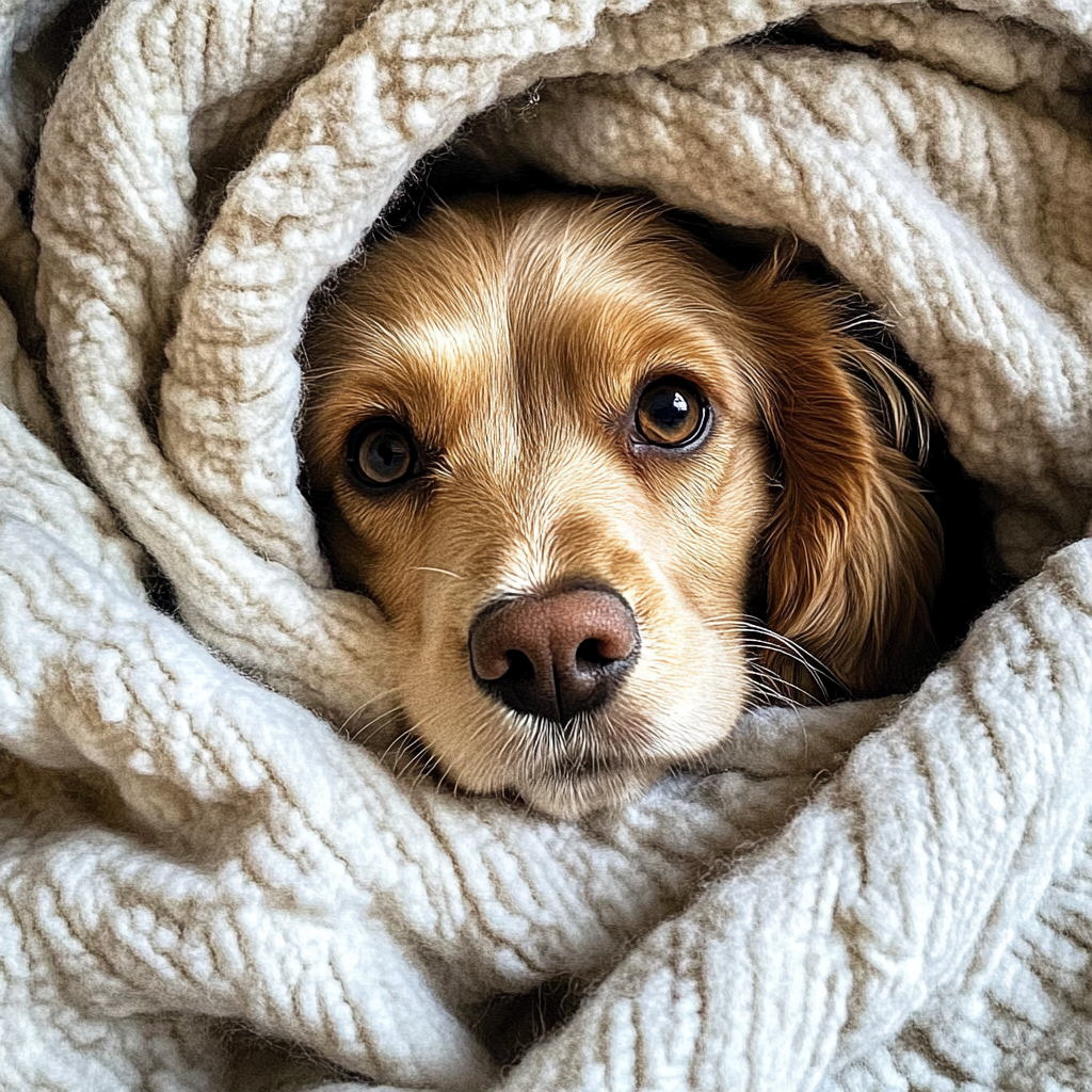 A puppy wrapped in a blanket | Source: Midjourney