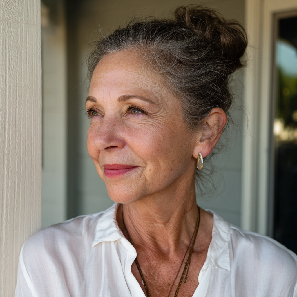 A smiling woman standing on a porch | Source: Midjourney