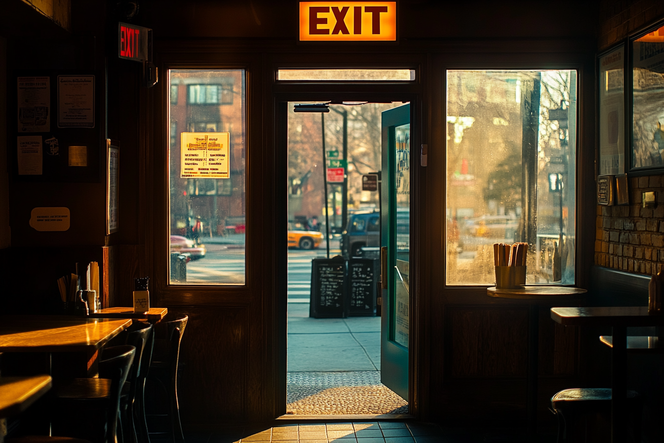 A coffee shop doorway with an exit sign | Source: Midjourney