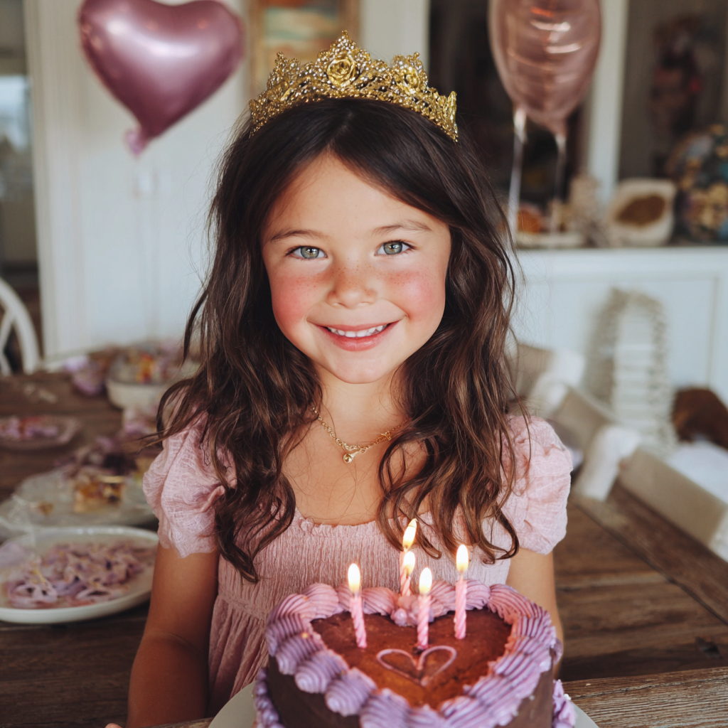 A smiling little girl standing in front of a birthday cake | Source: Midjourney