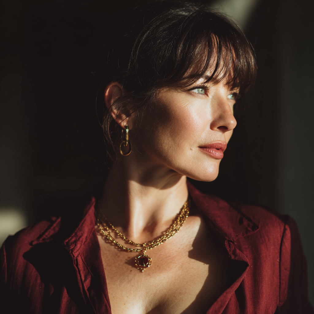 A side view of a woman wearing a red blouse and gold necklace | Source: Midjourney