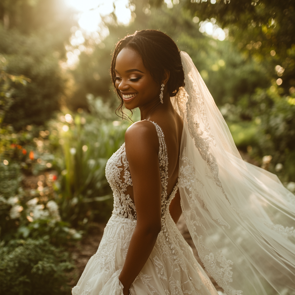 A happy woman in a wedding dress | Source: Midjourney