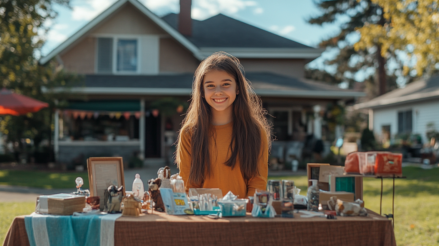 A girl behind a table full of things | Source: Midjourney