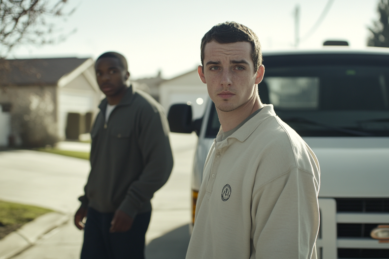 Two men standing near a van | Source: Midjourney