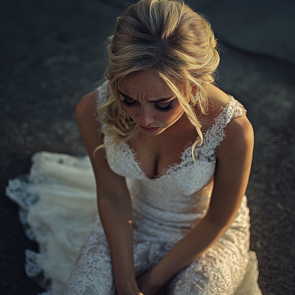 A bride sitting on a curb | Source: Midjourney