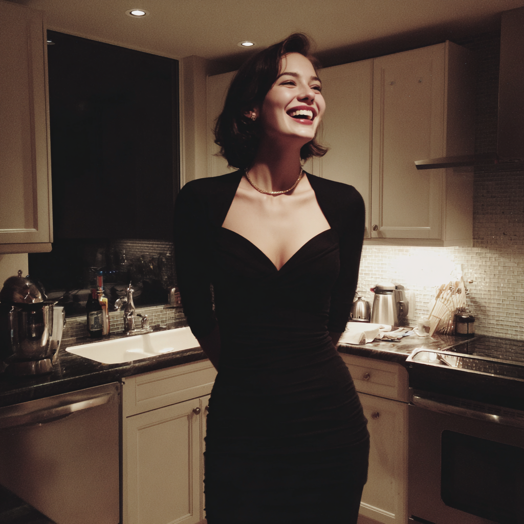 An amused woman standing in a kitchen | Source: Midjourney