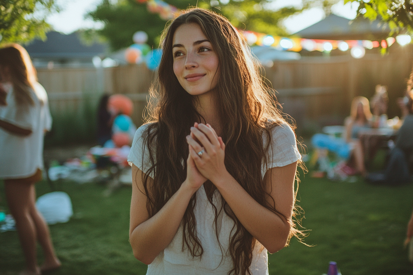 Woman clasping her hands together at a backyard birthday party | Source: Midjourney