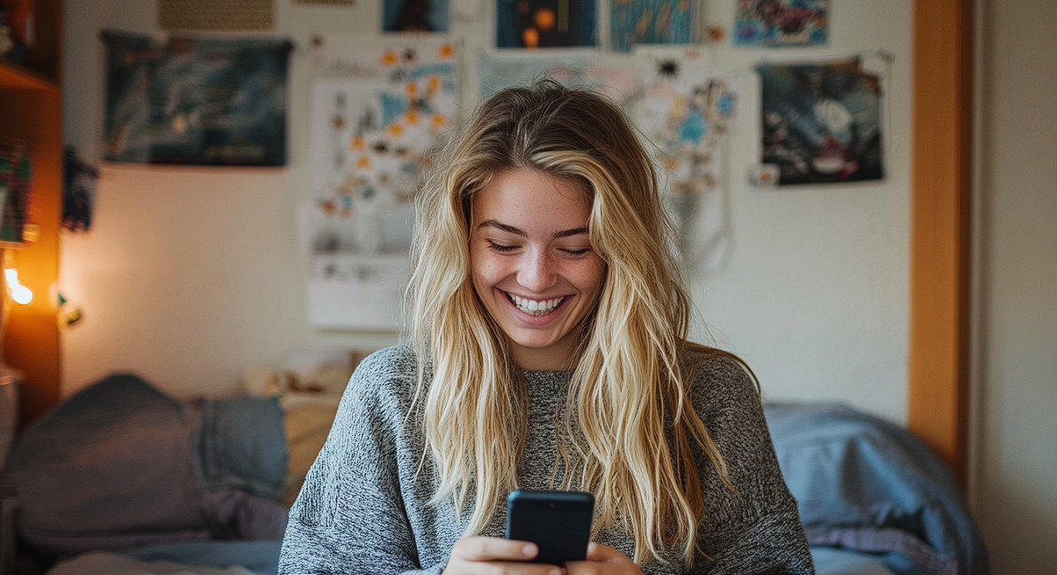 A woman grinning while texting | Source: Midjourney