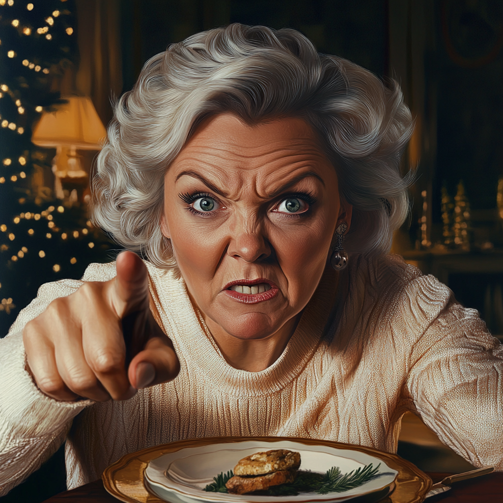 A furious older woman pointing a finger during dinner | Source: Midjourney