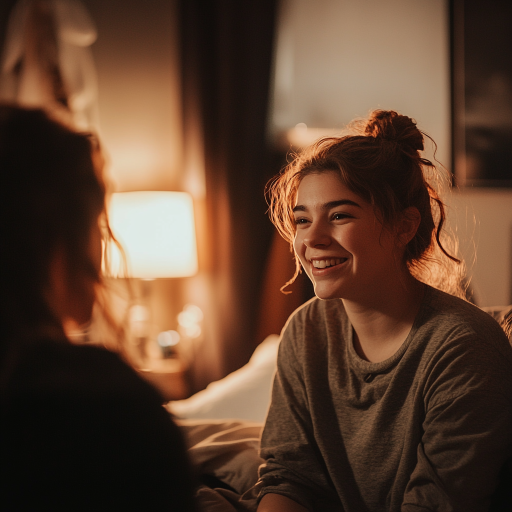 A smiling woman talking to her sister in her bedroom | Source: Midjourney